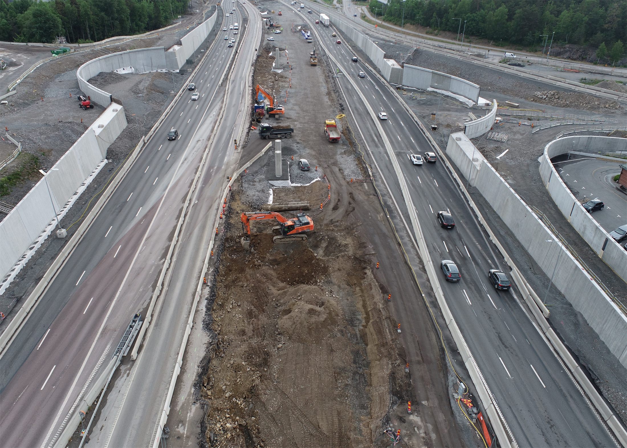 Aerial view of excavation between live carriageways